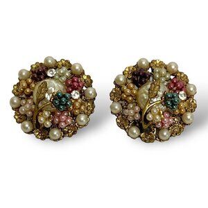 Vintage Clip Earrings Floral Multicolor Goldtone Filagree